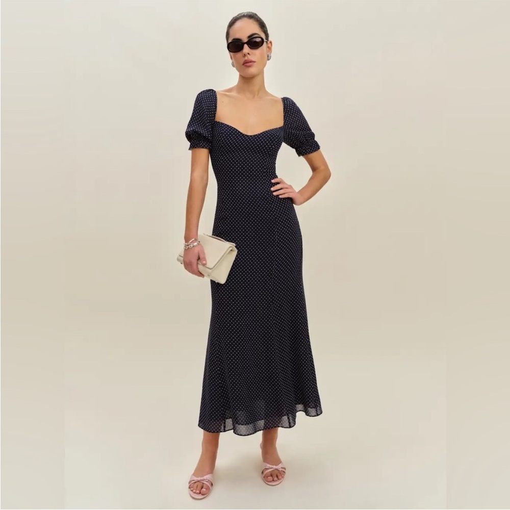NWT Reformation Gloria Midi Dress in Navy Swiss Dot